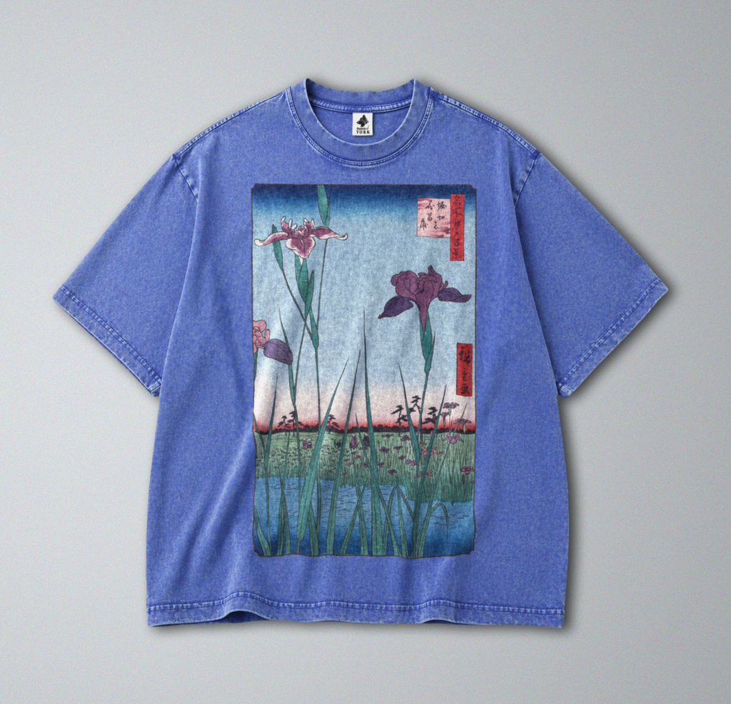 Oversized Snow Washed Cotton Tee - Japanese Iris Flower Garden Print