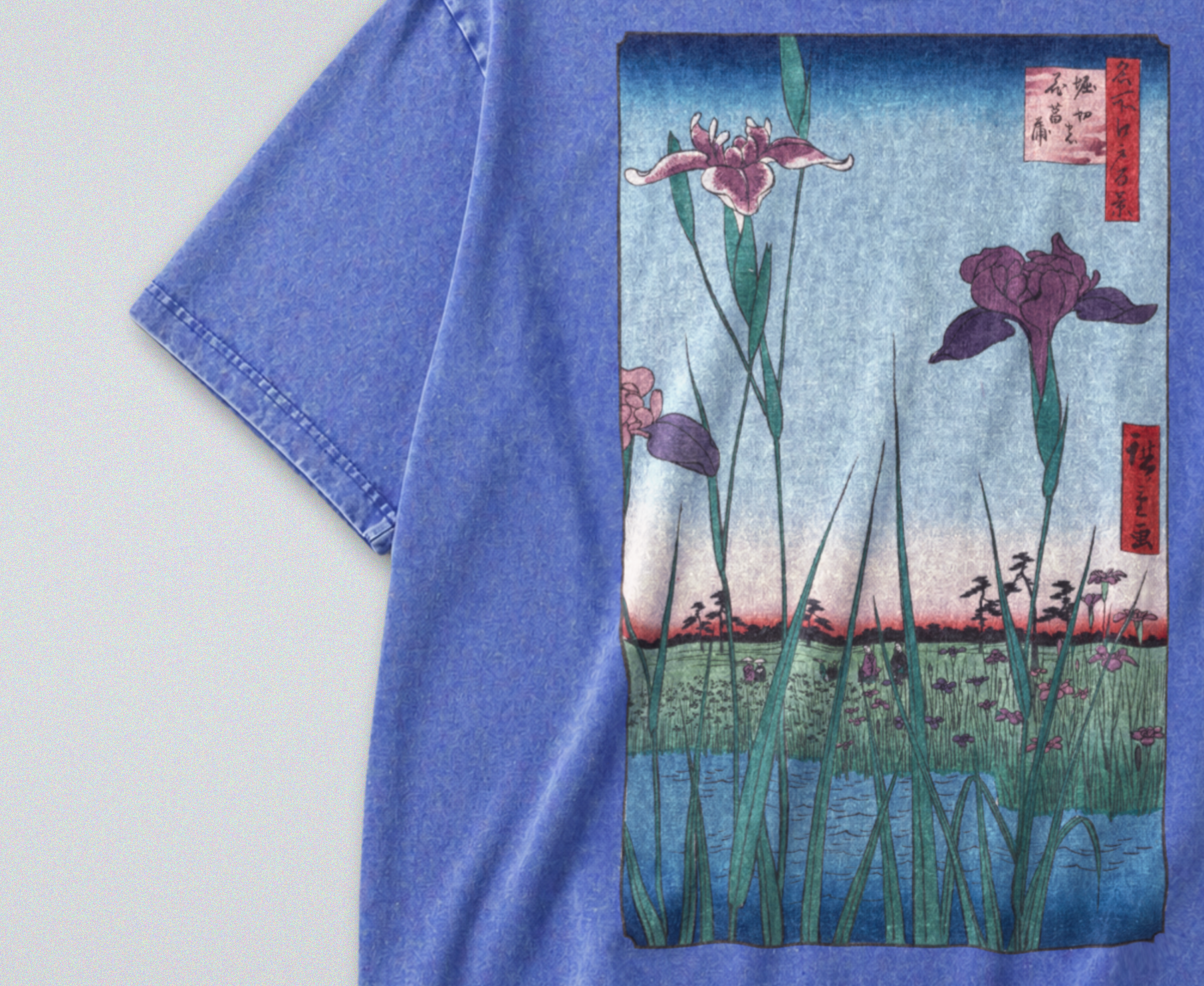 Oversized Snow Washed Cotton Tee - Japanese Iris Flower Garden Print