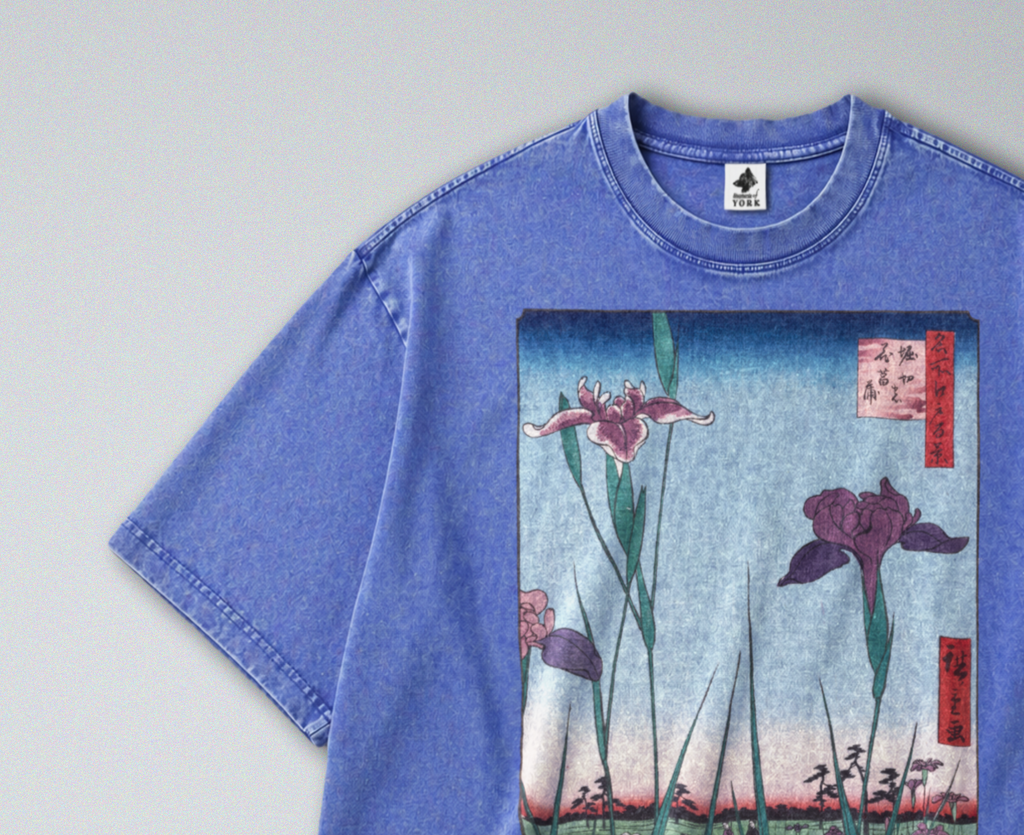 Oversized Snow Washed Cotton Tee - Japanese Iris Flower Garden Print
