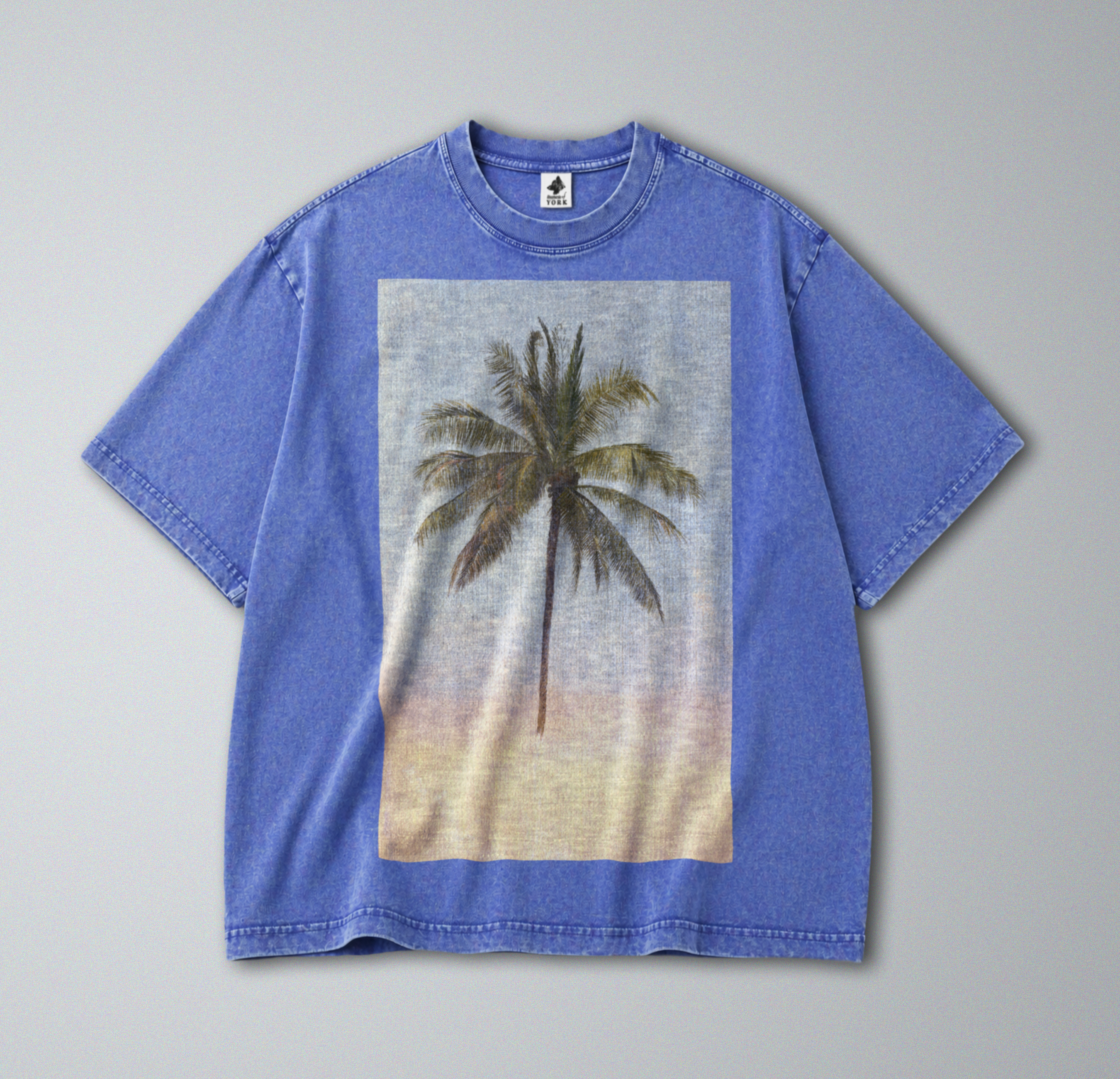 Oversized Snow Washed Cotton Tee - Minimalist Tropical Palm Tree Print