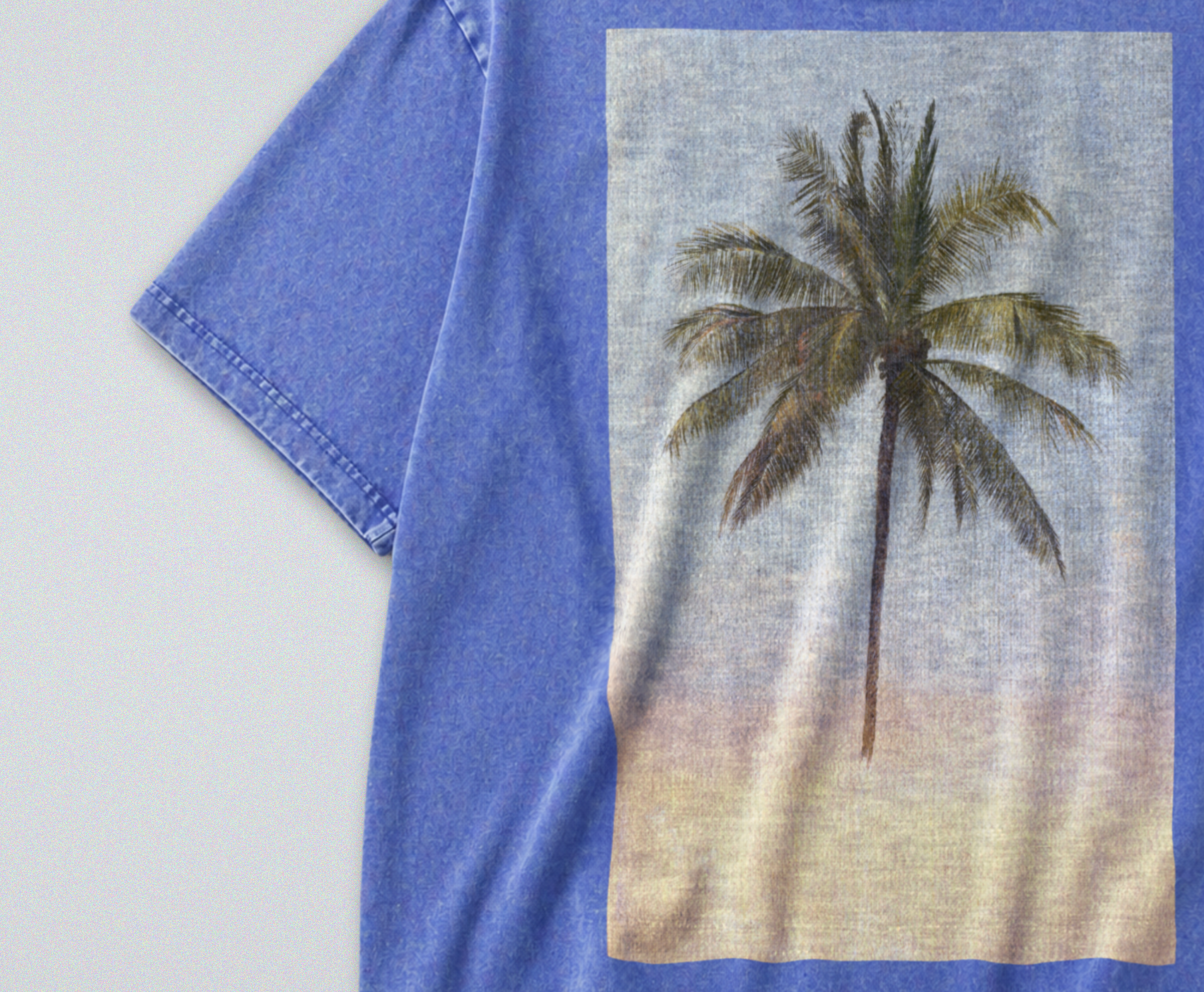 Oversized Snow Washed Cotton Tee - Minimalist Tropical Palm Tree Print