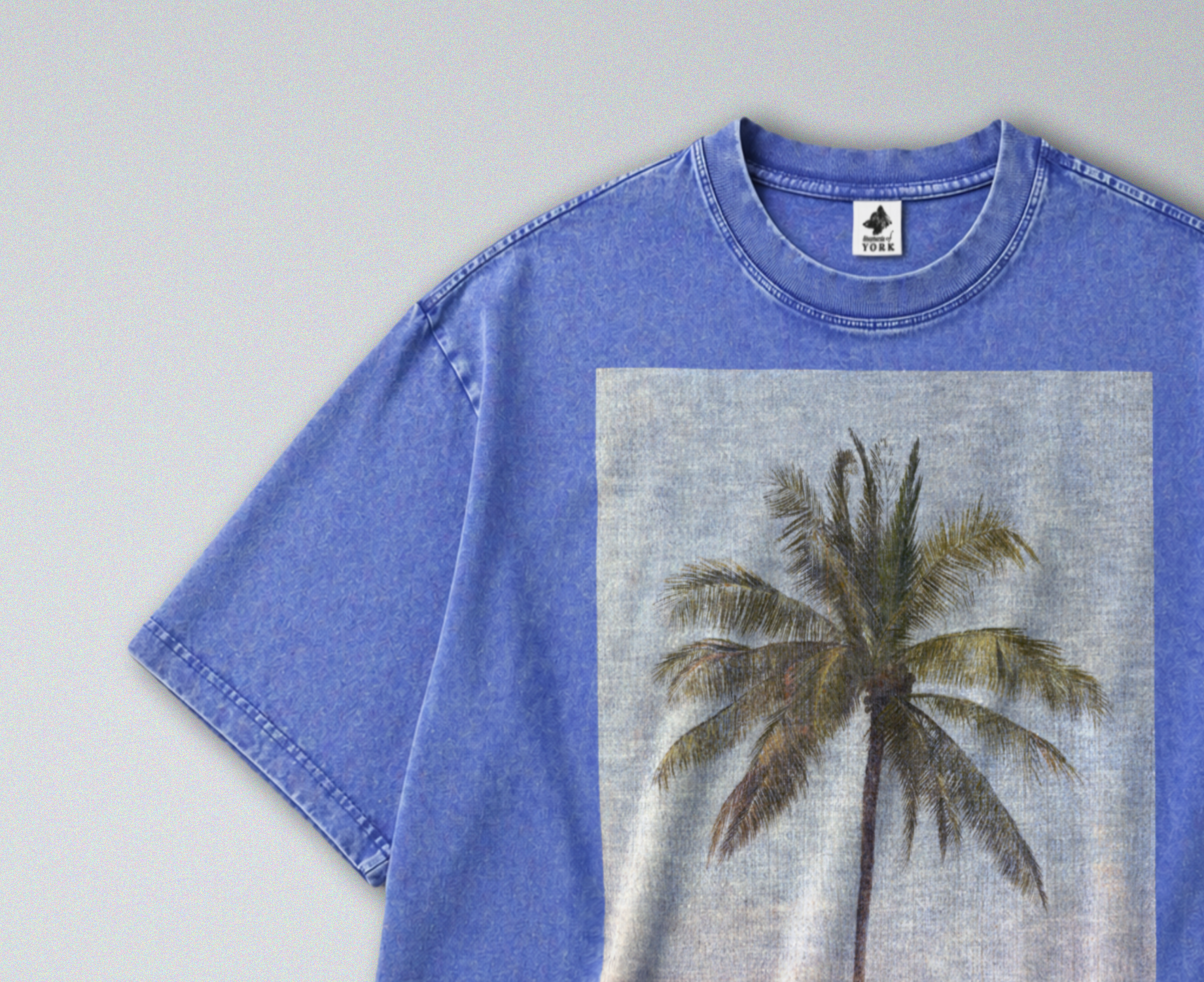 Oversized Snow Washed Cotton Tee - Minimalist Tropical Palm Tree Print