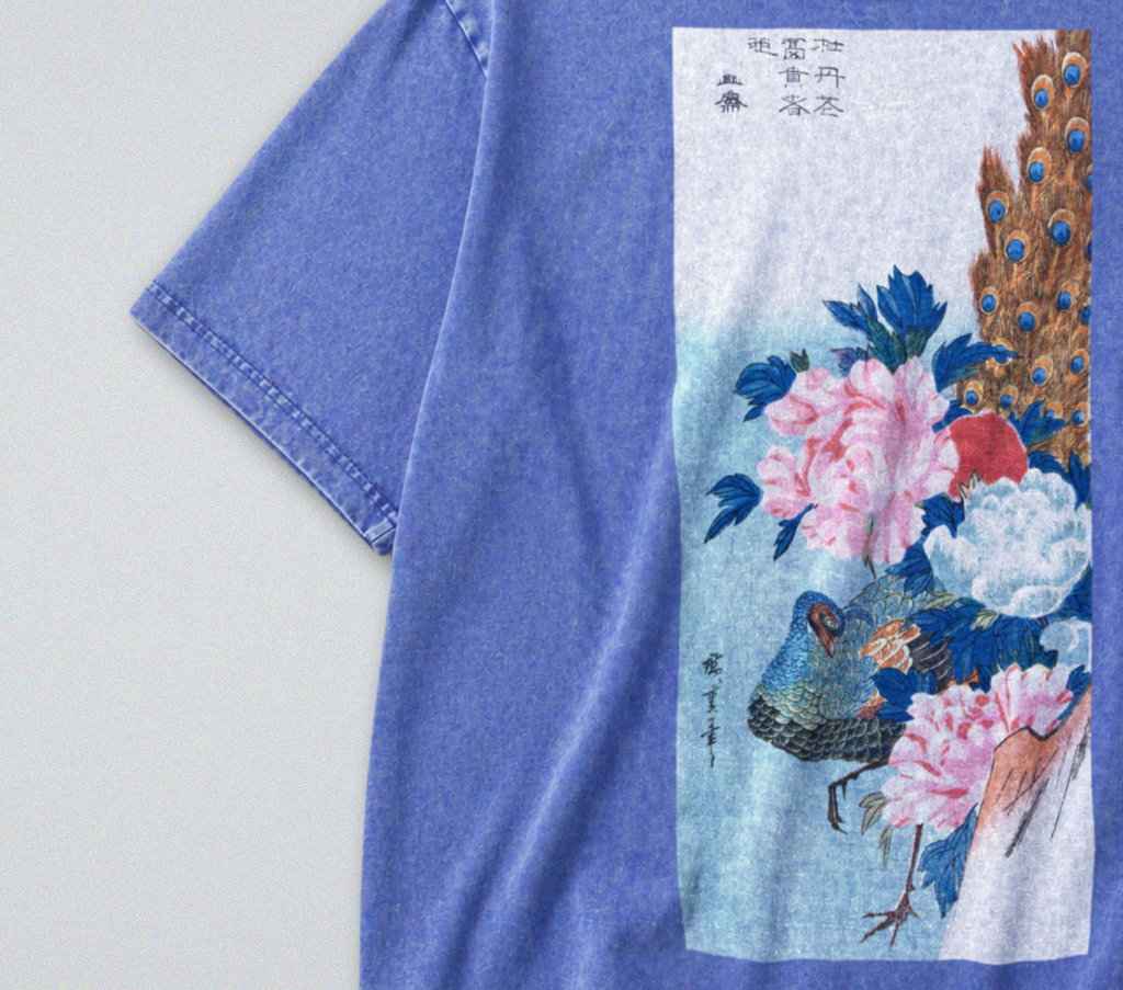 Oversized Snow Washed Cotton Tee - Japanese Peacock and Floral Print