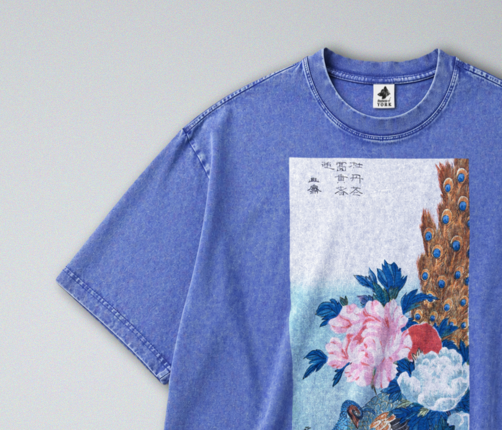 Oversized Snow Washed Cotton Tee - Japanese Peacock and Floral Print