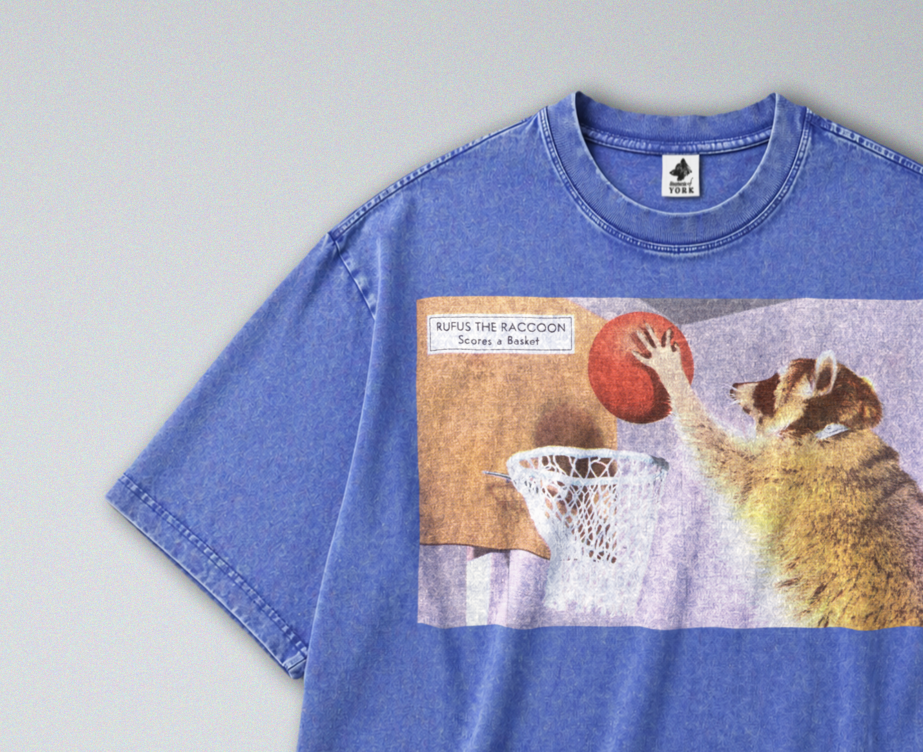 Oversized Snow Washed Cotton Tee - Funny Raccoon with Basketball Print