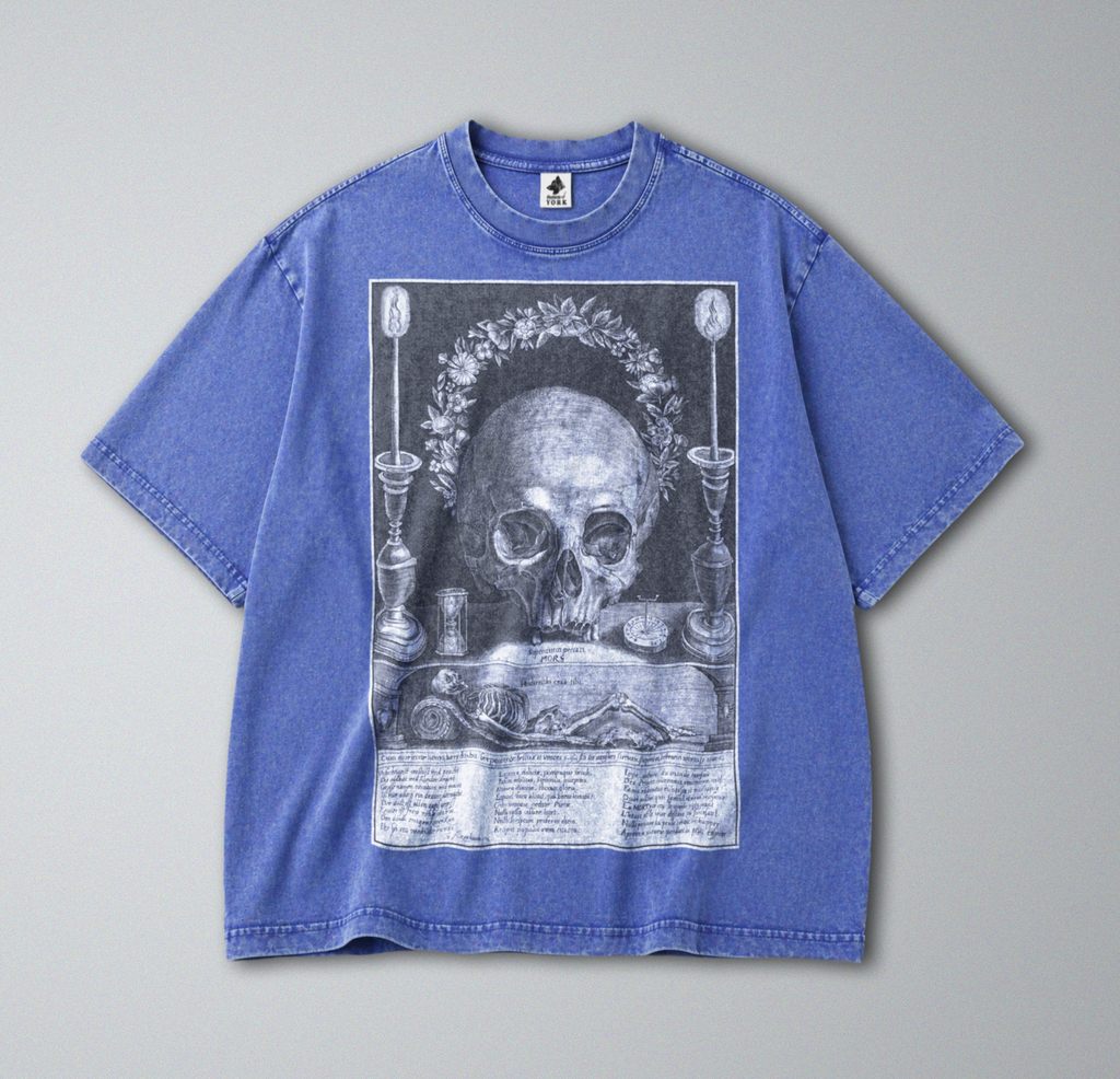 Oversized Snow Washed Cotton Tee - Memento Mori, Skull & Still Life Print