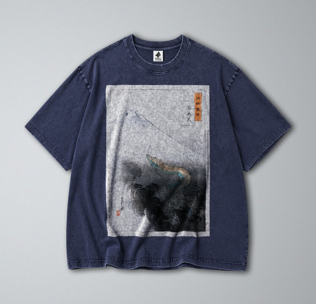 Oversized Snow Washed Cotton Tee - Japanese Mountain & Dragon Print