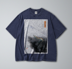 Oversized Snow Washed Cotton Tee - Japanese Mountain & Dragon Print