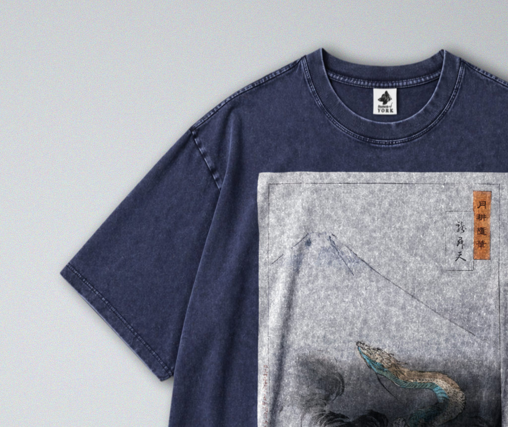 Oversized Snow Washed Cotton Tee - Japanese Mountain & Dragon Print