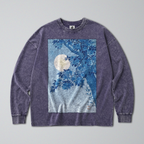 Oversized Snow Washed Long Sleeve Cotton Tee - Japanese Tree in Moonlight Print