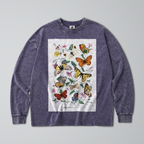 Oversized Snow Washed Long Sleeve Cotton Tee - Colorful Butterflies Print