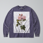 Oversized Snow Washed Long Sleeve Cotton Tee - Minimalist Rose Print
