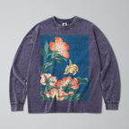 Oversized Snow Washed Long Sleeve Cotton Tee - Japanese Flowers and Canary Print