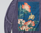 Oversized Snow Washed Long Sleeve Cotton Tee - Japanese Flowers and Canary Print