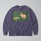 Oversized Snow Washed Long Sleeve Cotton Tee - Cute Hen & Chicks Print