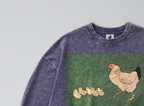 Oversized Snow Washed Long Sleeve Cotton Tee - Cute Hen & Chicks Print