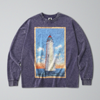 Oversized Snow Washed Long Sleeve Cotton Tee - Lighthouse at Sea Print
