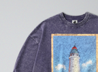 Oversized Snow Washed Long Sleeve Cotton Tee - Lighthouse at Sea Print