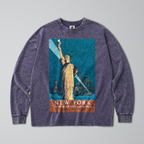 Oversized Snow Washed Long Sleeve Cotton Tee - Statue of Liberty at Night Print