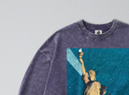 Oversized Snow Washed Long Sleeve Cotton Tee - Statue of Liberty at Night Print