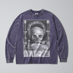 Oversized Snow Washed Long Sleeve Cotton Tee - Skull & Symbols of Death Print