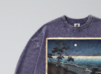 Oversized Snow Washed Long Sleeve Cotton Tee - Japanese Beach Landscape Print