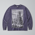 Oversized Snow Washed Long Sleeve Cotton Tee - Gothic Tower of Babel Print