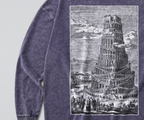 Oversized Snow Washed Long Sleeve Cotton Tee - Gothic Tower of Babel Print