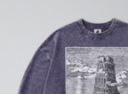 Oversized Snow Washed Long Sleeve Cotton Tee - Gothic Tower of Babel Print