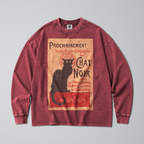 Oversized Snow Washed Long Sleeve Cotton Tee - Chat Noir Print