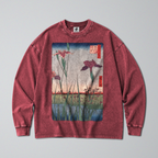 Oversized Snow Washed Long Sleeve Cotton Tee - Japanese Iris Flower Garden Print