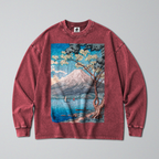 Oversized Snow Washed Long Sleeve Cotton Tee - Japan's Mt Fuji Landscape Print