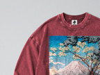 Oversized Snow Washed Long Sleeve Cotton Tee - Japan's Mt Fuji Landscape Print