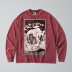 Oversized Snow Washed Long Sleeve Cotton Tee - Owls in Snow Print