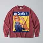 Oversized Snow Washed Long Sleeve Cotton Tee - Rosie the Riveter Print