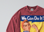 Oversized Snow Washed Long Sleeve Cotton Tee - Rosie the Riveter Print