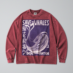 Oversized Snow Washed Long Sleeve Cotton Tee - Save the Whales Print