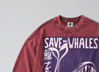 Oversized Snow Washed Long Sleeve Cotton Tee - Save the Whales Print