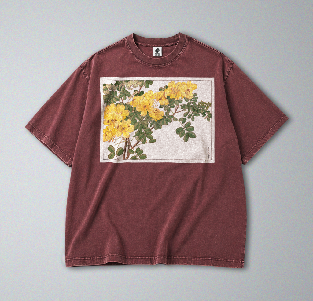 Oversized Snow Washed Cotton Tee - Japanese Botanical Wild Flower Print