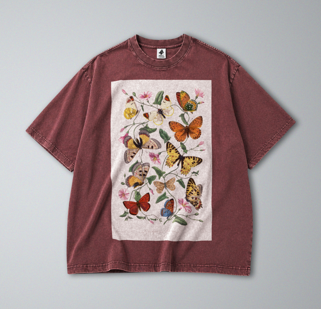 Oversized Snow Washed Cotton Tee - Whimsical Butterfly Print
