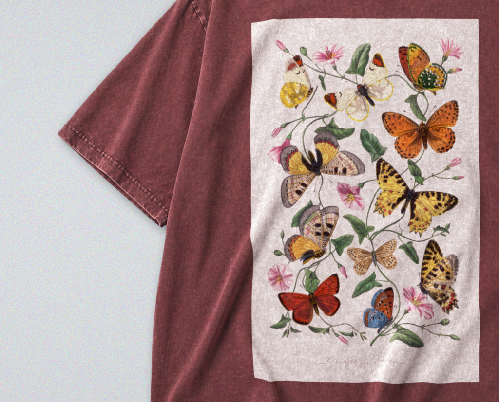 Oversized Snow Washed Cotton Tee - Whimsical Butterfly Print
