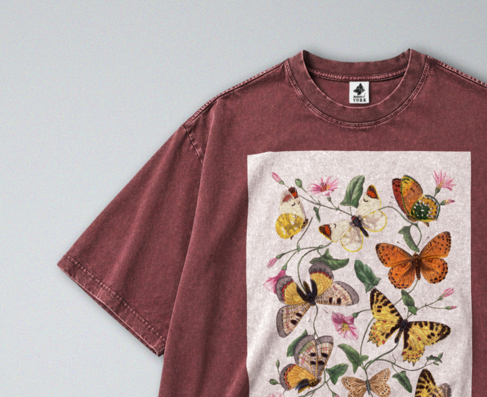 Oversized Snow Washed Cotton Tee - Whimsical Butterfly Print
