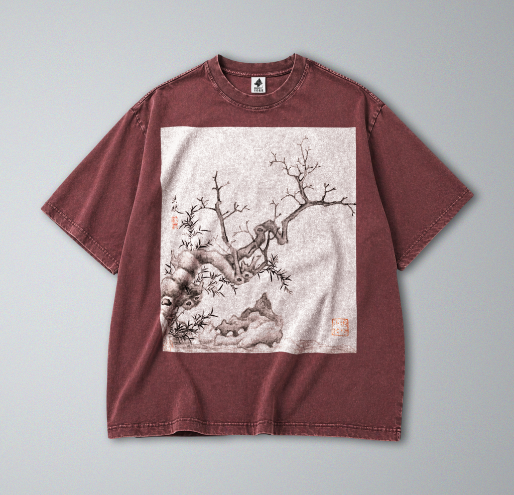 Oversized Snow Washed Cotton Tee - Traditional Chinese Botanical Print