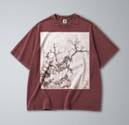 Oversized Snow Washed Cotton Tee - Traditional Chinese Botanical Print