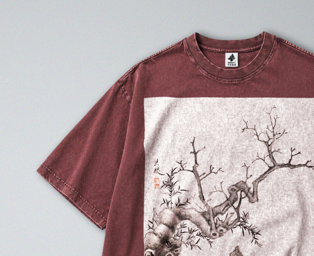 Oversized Snow Washed Cotton Tee - Traditional Chinese Botanical Print