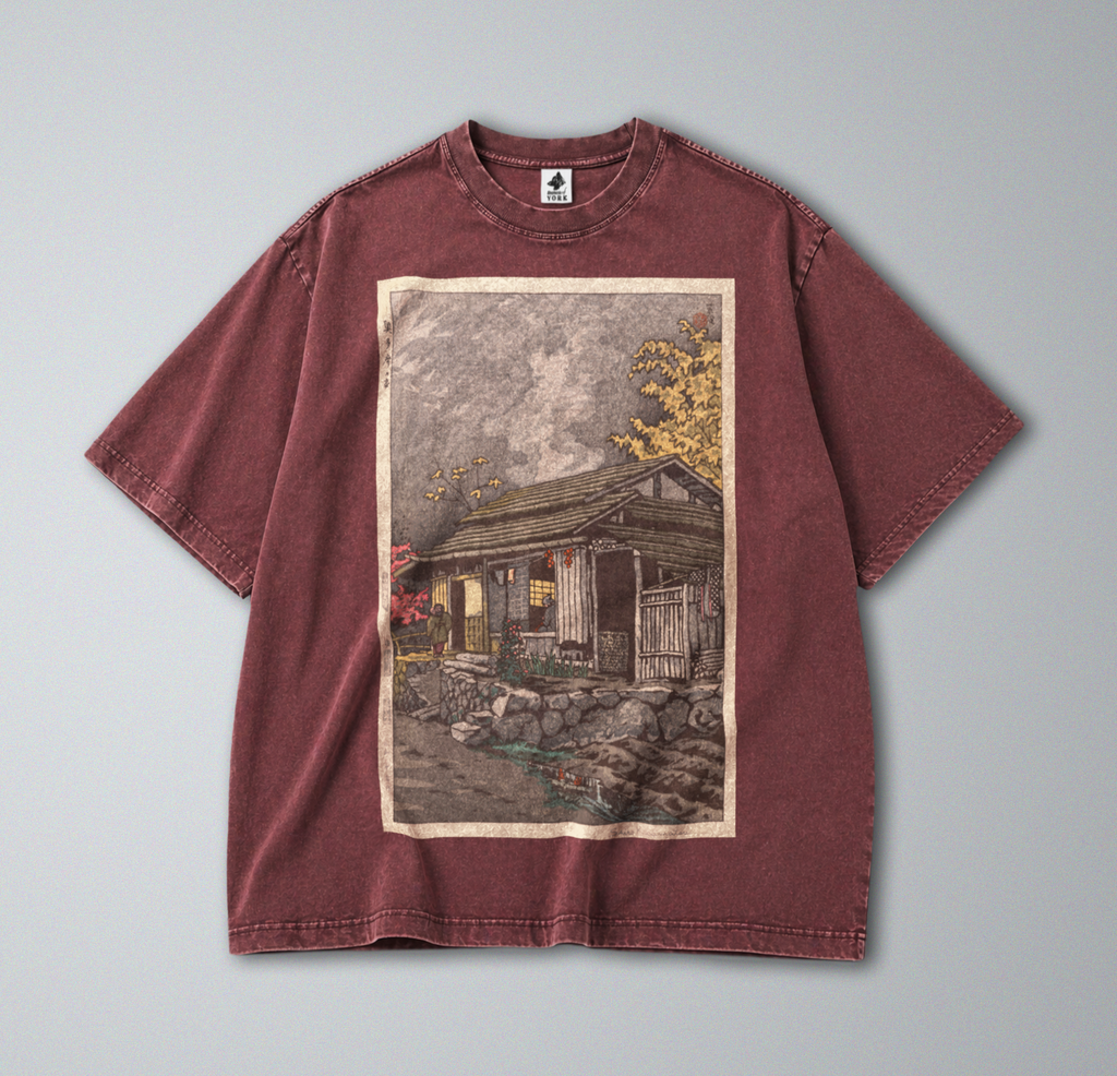 Oversized Snow Washed Cotton Tee - Rural Japanese Cabin Print