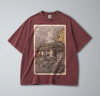 Oversized Snow Washed Cotton Tee - Rural Japanese Cabin Print