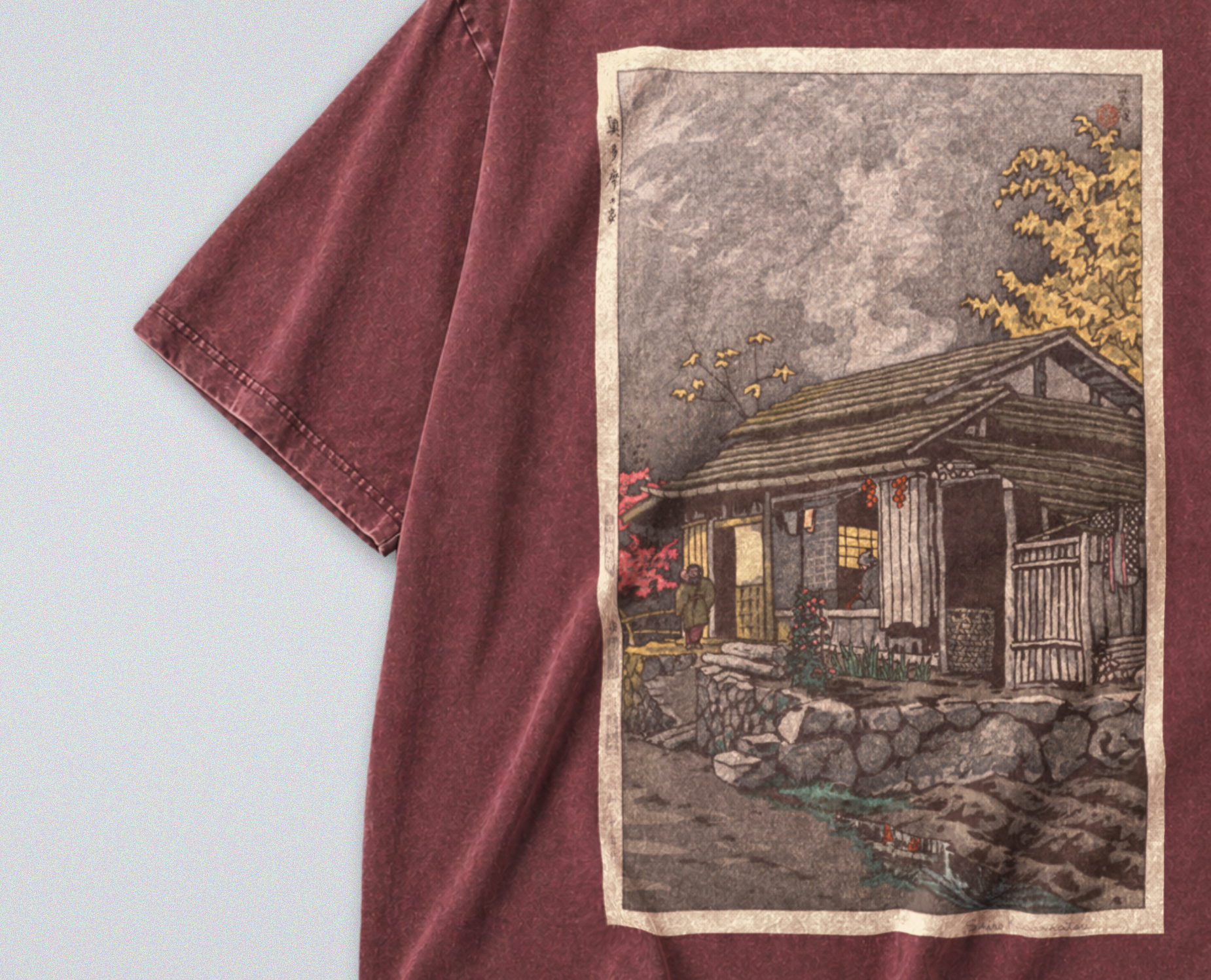 Oversized Snow Washed Cotton Tee - Rural Japanese Cabin Print