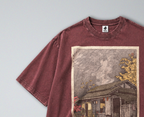 Oversized Snow Washed Cotton Tee - Rural Japanese Cabin Print
