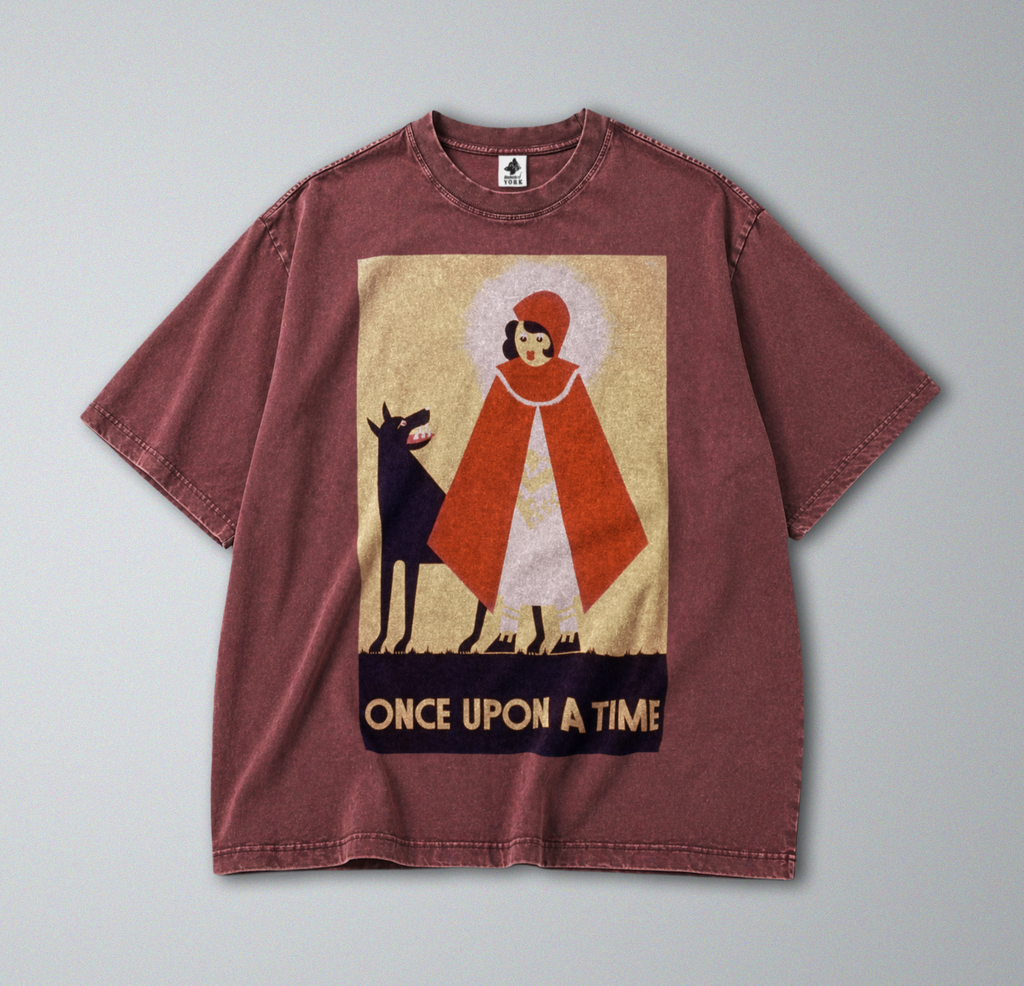 Oversized Snow Washed Cotton Tee - Red Riding Hood & Big Bad Wolf Print